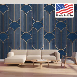 Geometric Blue Gold Pattern Wallpaper for Art Deco Living Room