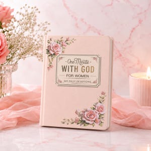 May include: A light pink devotional book titled One Minute WITH GOD FOR WOMEN 365 DAILY DEVOTIONS, featuring gold lettering and floral illustrations of pink roses in the top left and bottom right corners on a matte cover.