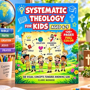 May include: A hardcover book titled Systematic Theology for Kids Aged 6-9, featuring a colorful illustration of children in explorer outfits on a path. The cover includes a map with icons for God, Creation, Jesus, and the Bible, plus 120+ pages text.