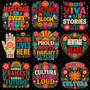 May include: A collection of nine colorful graphic designs on a black background featuring floral patterns and text including Heritage In Every Hue, Culture In Full Bloom, Viva Our Stories, Cultura Lives Here, Proud Roots Bright Future, Heritage Has Heart, Somos Raíces Somos Futuro, Cultura Blooms Loud, and Unidos By Cultura.
