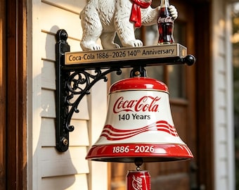 Coca Cola 140th Anniversary Wall Bell, Vintage Door Chime, Sculpted Polar Bear Hanging Decor, Retro Brand Display for Porch, Bar, Entryway