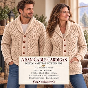 Peut inclure: Un cardigan en tricot torsadé beige avec un col châle, des manches longues et des boutons marron. Un panneau rectangulaire affiche le texte : ARAN CABLE CARDIGAN, DIGITAL KNITTING PATTERN PDF, NOT A FINISHED ITEM, Men's M, Women's L, 112 cm.