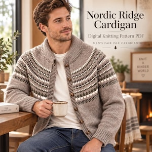 Fair Isle Cardigan Herr Stickmönster PDF, Nordisk Ridge Cardigan, Dunjacka, Digital Nedladdning, Retro Ulltröja