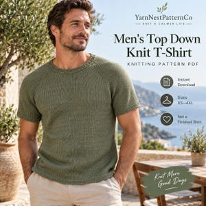May include: A sage green short-sleeved knit t-shirt with a crew neckline and raglan sleeves. The image includes text: YarnNestPatternCo, Men's Top Down Knit T-Shirt, KNITTING PATTERN PDF, Instant Download, Sizes XS-4XL, Not a Finished Shirt.