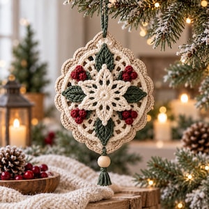 May include: A crocheted Christmas ornament featuring a central white star motif, dark green leaves, and clusters of red berries. The design is framed by a scalloped beige border, finished with a small wooden bead and a green yarn tassel.