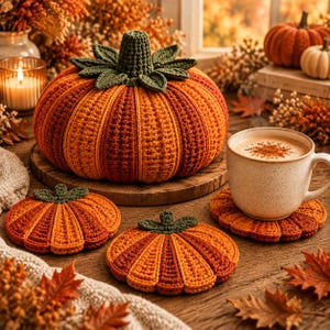 Puede incluir: Una calabaza grande tejida a ganchillo con segmentos verticales naranjas y rojos y un tallo verde oscuro con hojas, acompañada de dos posavasos a juego con forma de calabaza, uno de ellos debajo de una taza de cerámica con bebida.