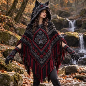 May include: A black and red crochet poncho featuring a wolf-shaped hood with red eyes, a central wolf head motif, and long fringe trim. The garment includes matching fingerless gloves with wolf head accents, crafted in a dark yarn pattern.