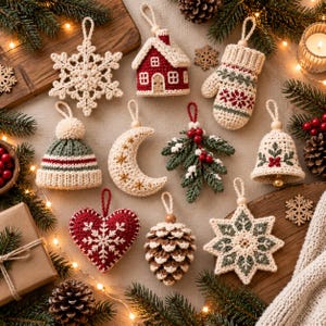 May include: A collection of crochet Christmas ornaments including a white snowflake, a red house, a patterned mitten, a green and white hat, a crescent moon, a mistletoe sprig, a bell, a red heart with a snowflake, a pinecone, and a star.