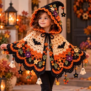 May include: A crochet hooded cape featuring a black, orange, and cream color scheme. The garment is decorated with crocheted flowers, leaves, black bats, small white ghosts, and black stars. It includes a hood and a tie closure at the neck.