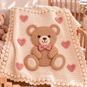 Teddy Bear Crochet Blanket Pattern PDF, 3D Appliqué Baby Blanket with Six Hearts, Scalloped Border, US Terms, Full Printable Guid