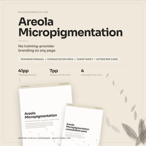 May include: A digital document set for Areola Micropigmentation training, including a 41-page manual, a 7-page consultation pack, a cheat sheet, and an aftercare card. The white-label PDF files feature black text on a light beige background.