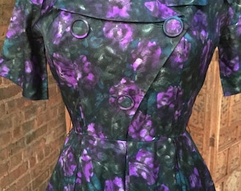 1950s Double Breasted Shirt Dress With Purple Flowers | Vintage Watercolor Print Day Dress