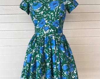1950s Belted Cotton Dress with  Floral Poppy Print