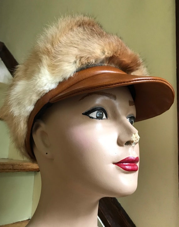 1960s Brown Rabbit Fur Cap with Pleather Bill - image 7