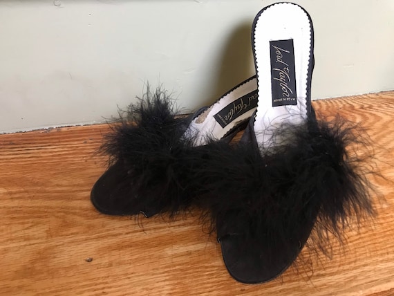 1950s Lord and Taylor Black Satin Boudoir Mules wi