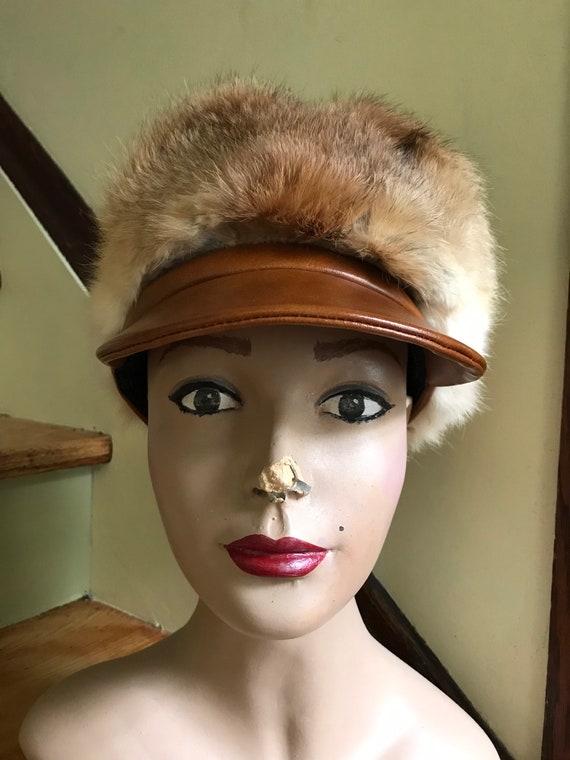 1960s Brown Rabbit Fur Cap with Pleather Bill - image 3
