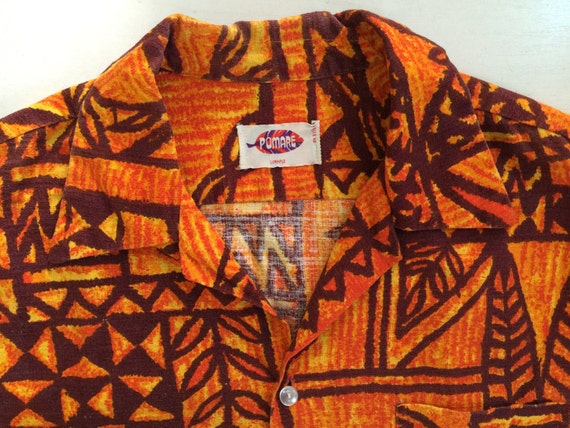 1950s Pomare Barkcloth Tiki Tribal Button Down Vin