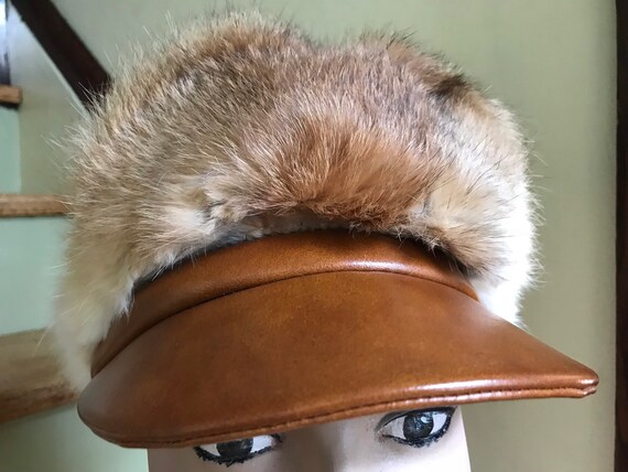 1960s Brown Rabbit Fur Cap with Pleather Bill - image 6
