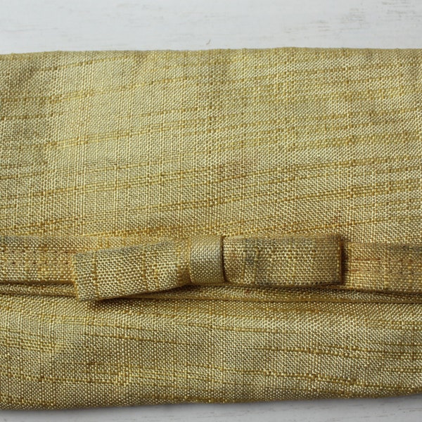 1960s Yellow Woven Dupioni Fold-Over Clutch with Bow Vintage Purse