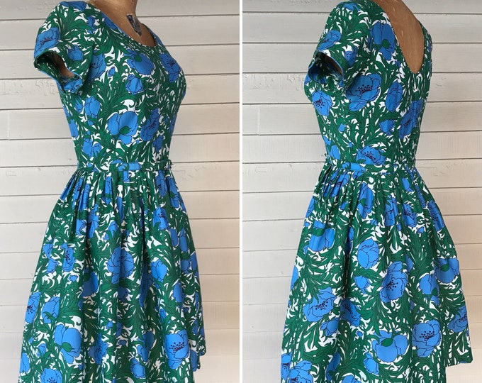 Featured listing image: 1950s Belted Cotton Dress with  Floral Poppy Print