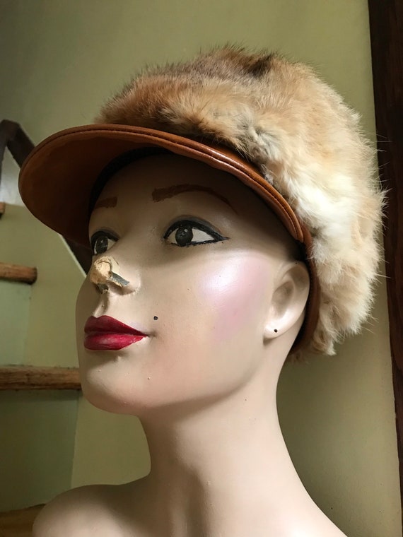 1960s Brown Rabbit Fur Cap with Pleather Bill - image 2