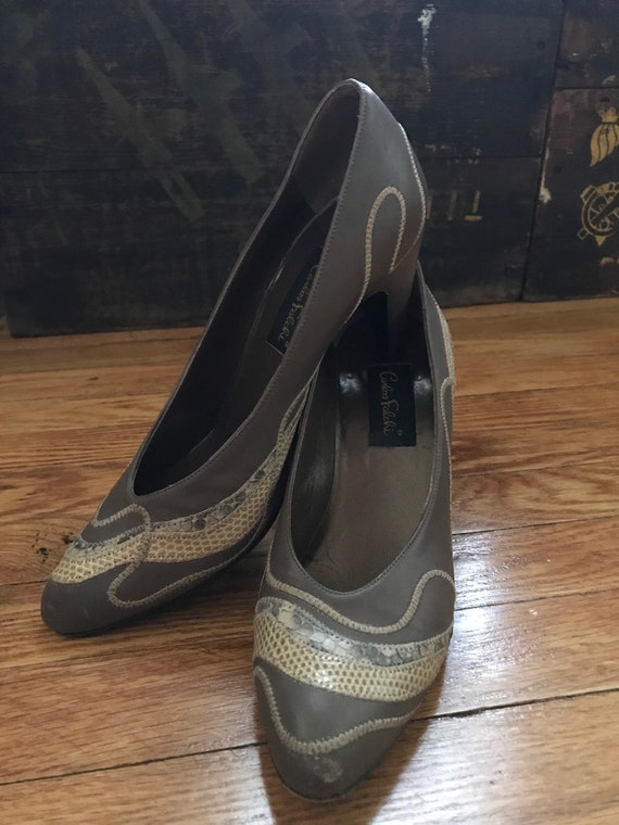 1980s Carlos Falchi Leather Heels with Snakeskin D