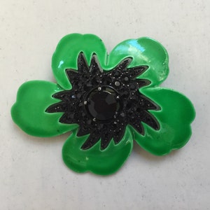 1980s Green Enameled Flower Brooch with Black Rhinestone Starburst Vintage Pin