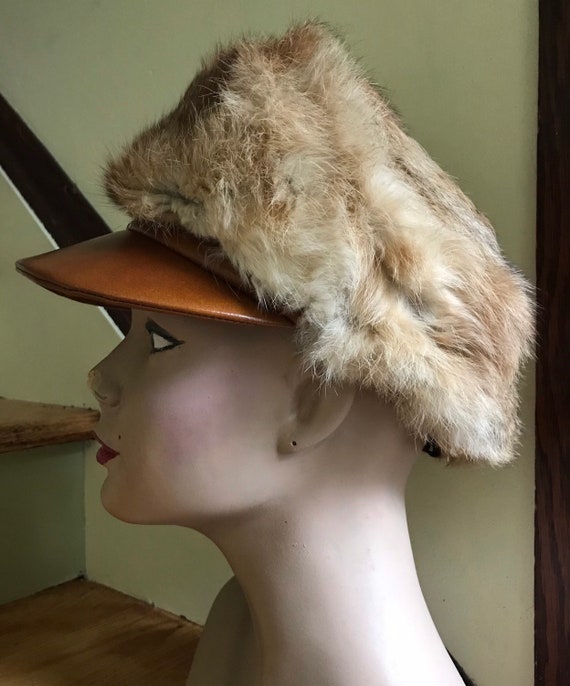 1960s Brown Rabbit Fur Cap with Pleather Bill - image 1
