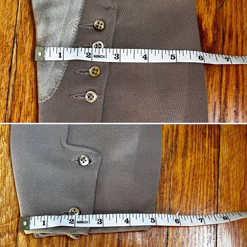 May include: A brown pair of riding breeches with a suede knee patch and multiple buttons. The breeches are measured with a tape measure, showing a length of 7 inches.
