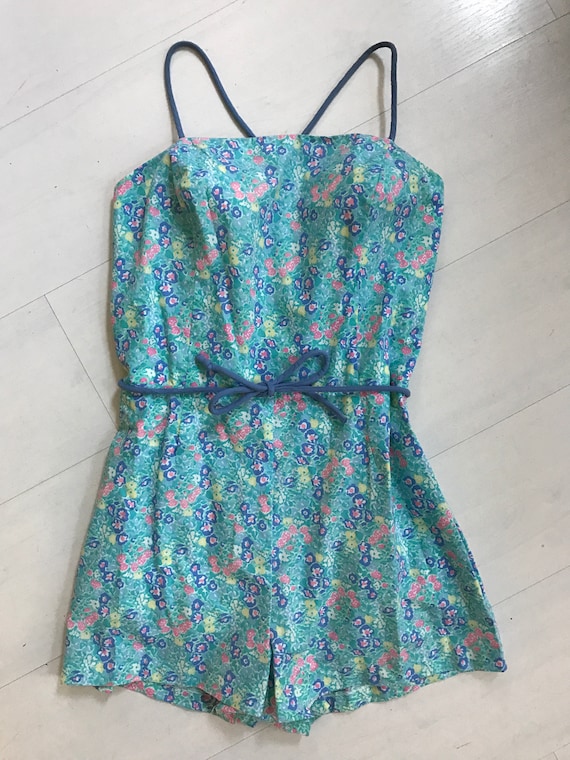 1970s Sea Waves Floral Playsuit/Swimsuit | Vintag… - image 1