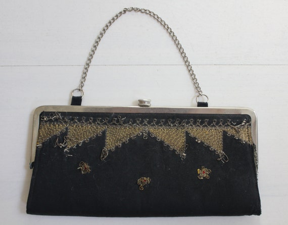 1930s Silk Satin Handbag with Gold Bullion Detail… - image 1