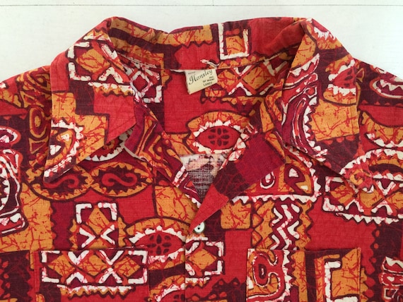 1950s Hansley Barkcloth Button Down Tiki Tribal V… - image 1