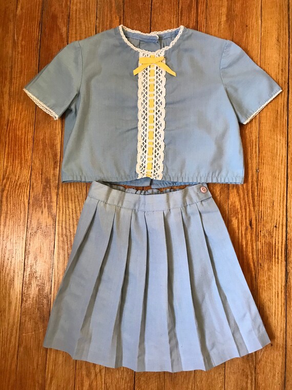 Vintage Girls Top and Pleated Skirt | Baby Blue T… - image 1
