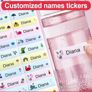 Può includere: Un foglio di etichette adesive rettangolari con il nome Diana accanto a varie icone colorate come animali, piante e simboli meteorologici. Una borraccia rosa è mostrata con una di queste etichette applicata. Il testo Customized names tickers è visibile in alto.