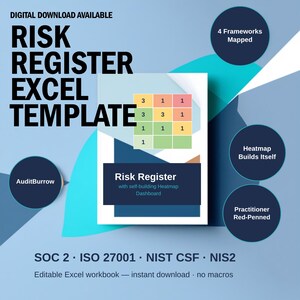 Risk Register Template Excel — Information Security Risk Assessment + Heatmap Dashboard | SOC 2 ISO 27001 Nist CSF Control Mapping