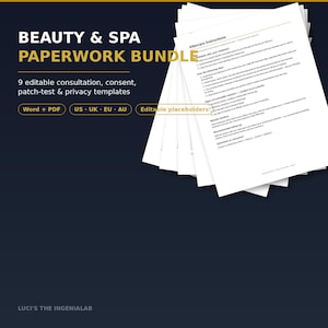 May include: A Beauty & Spa Paperwork Bundle featuring 9 editable consultation, consent, patch-test, and privacy templates in Word and PDF formats for US, UK, EU, and AU regions. The document stack displays Aftercare Instructions with editable placeholders.