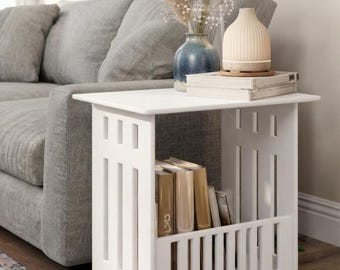 White Engineered Wood Nightstand | Modern Minimalist End Table with Magazine Holder