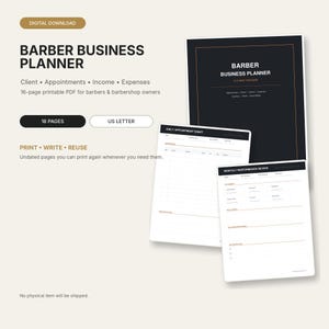 May include: A digital barber business planner with 16 pages in US letter format. The set includes a black cover page and white interior sheets for daily appointments and monthly performance reviews, featuring text for client and income tracking.