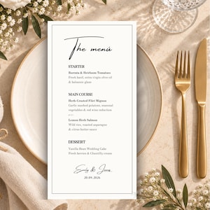 Może przedstawiać: Prostokątna biała karta menu weselnego z czarnym tekstem zawierająca nagłówek The menu, sekcje STARTER, MAIN COURSE i DESSERT oraz imiona Emily & James wraz z datą 20.09.2026 zapisaną czarną czcionką imitującą pismo odręczne.