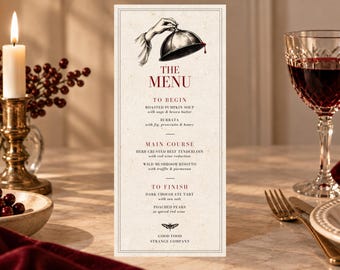 Modello di menu per la cena di Halloween, stile gotico vintage, modificabile e stampabile su Canva, formato 4x9