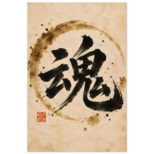 May include: A rectangular print on textured beige paper featuring a large black ink brush calligraphy character for soul centered within a circular brown ink wash. A small red square seal with intricate white markings is located in the bottom left.