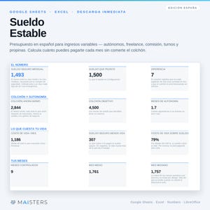 May include: A digital financial planning template for Google Sheets and Excel titled Sueldo Estable. The interface displays various budget metrics including monthly salary, savings, cost of living, and autonomy months for variable income earners.