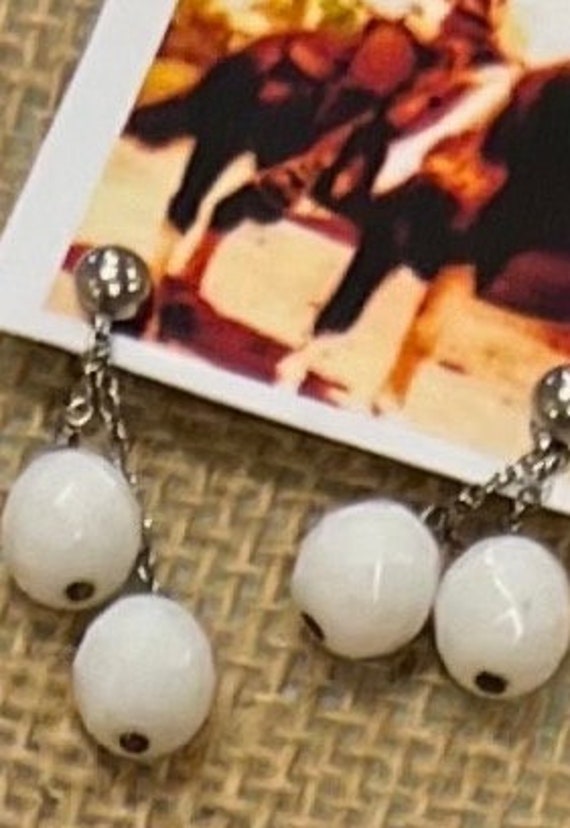 Vintage hanging white faceted glass beads on silv… - image 1