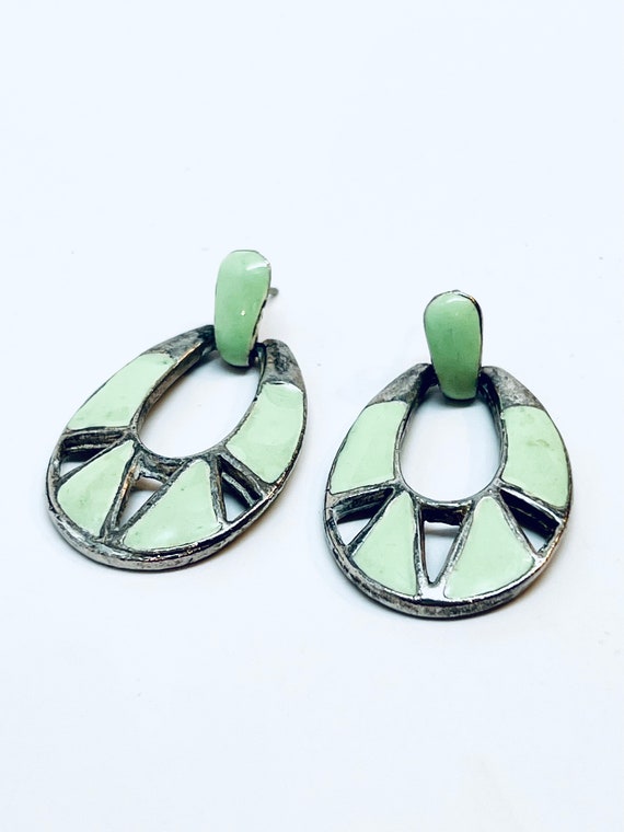 Vintage stud earrings, ovals decorated with mint … - image 1