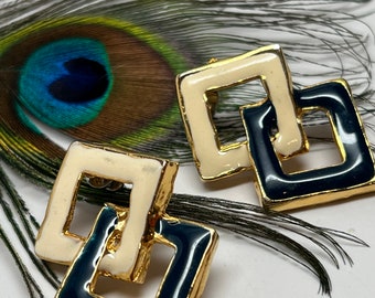 Vintage earrings square in square navy and cream studs