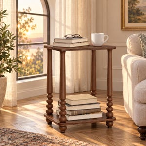 May include: A dark brown wooden side table with four turned legs featuring a stacked ball design. The table has a rectangular top and a lower shelf. A pair of eyeglasses rests on two stacked books on the top, and three books sit on the lower shelf.