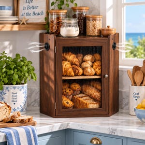 May include: A dark wood bread box with a glass door and two shelves, filled with various baked goods including croissants, muffins, and sliced bread. The cabinet features a fluted glass front and a small silver knob, sitting on a marble countertop.