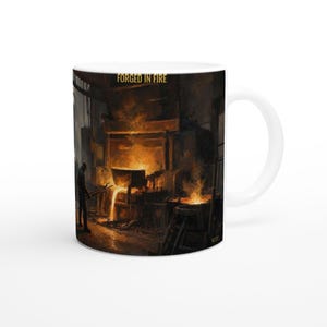 Pode incluir: Uma caneca de cerâmica branca com uma cena industrial escura de uma fundição com metal fundido brilhando em laranja e amarelo. O texto FORGED IN FIRE está impresso em dourado no topo. A silhueta de um trabalhador está à esquerda.