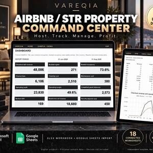 Könnte beinhalten: Ein digitales Dashboard für Airbnb- und Kurzzeitvermietungs-Immobilienverwaltung auf einem Laptop- und Tablet-Bildschirm. Die Benutzeroberfläche zeigt Finanzkennzahlen, Umsatz- und Belegungsdaten. Enthält Symbole für Microsoft Excel und Google Sheets.