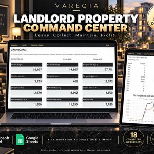 May include: A digital landlord property command centre dashboard displayed on a laptop and tablet screen. The interface shows financial data, rent charges, and profit metrics. Text includes VAREQIA, LANDLORD PROPERTY COMMAND CENTRE, and INSTANT DOWNLOAD.